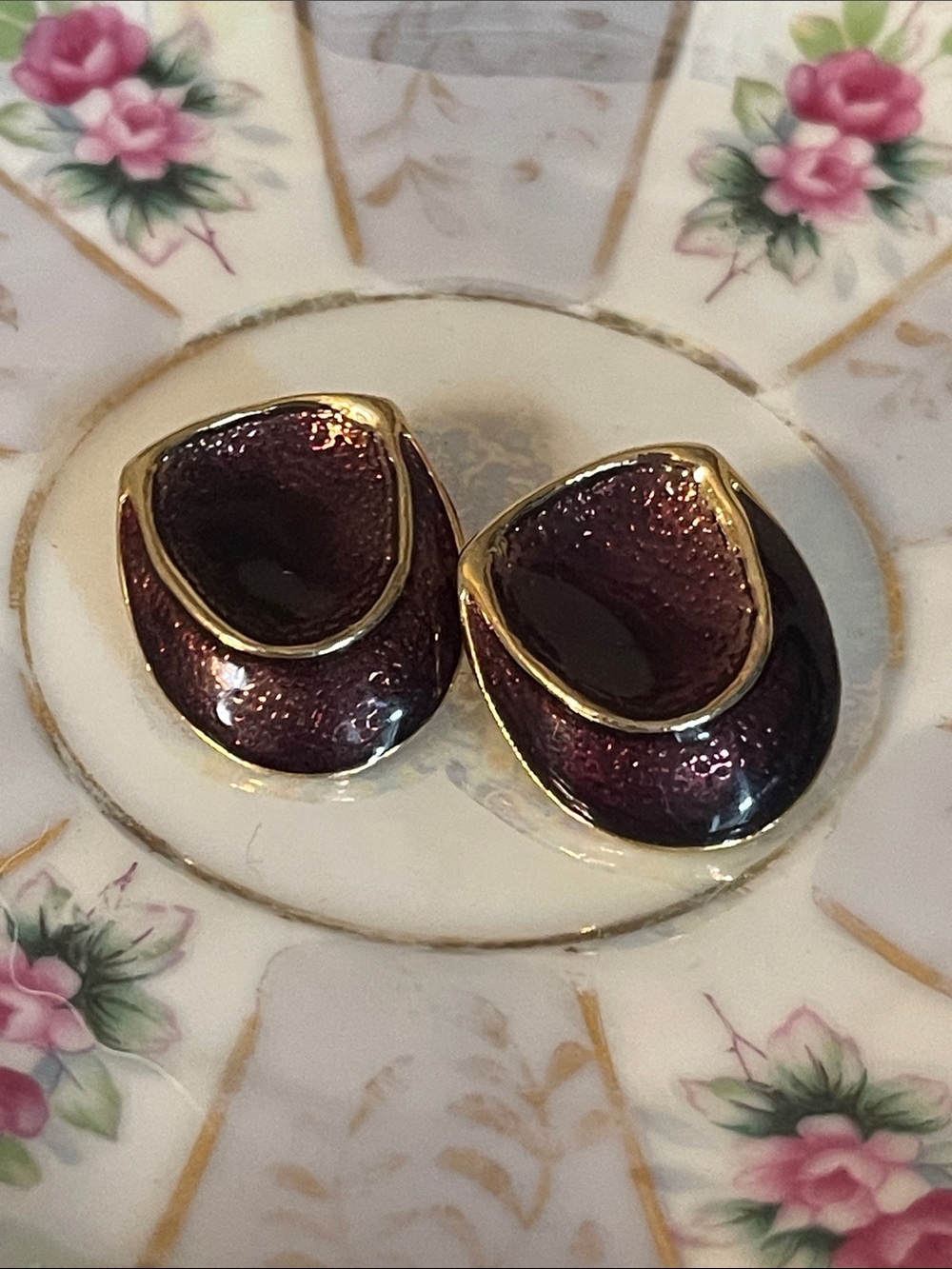 1980’s Modernist Purple Shimmery Enamel Gold-Tone Clip-On Earrings